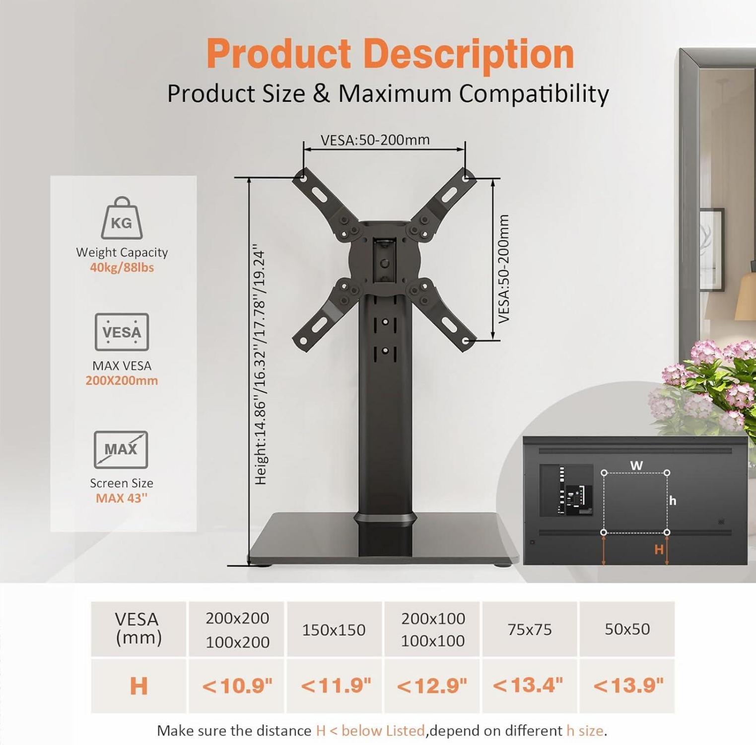 Universal TV Standfuß Höhenverstellbar VESA 200x200 Schwarz66
