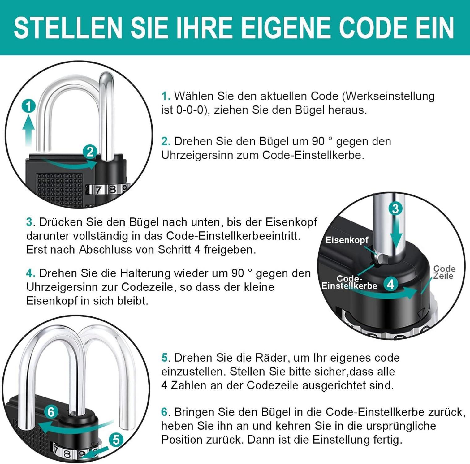 ZHEGE Vorhängeschloss 66mm Zahlencode wetterfest 4 Stellig Schwarz