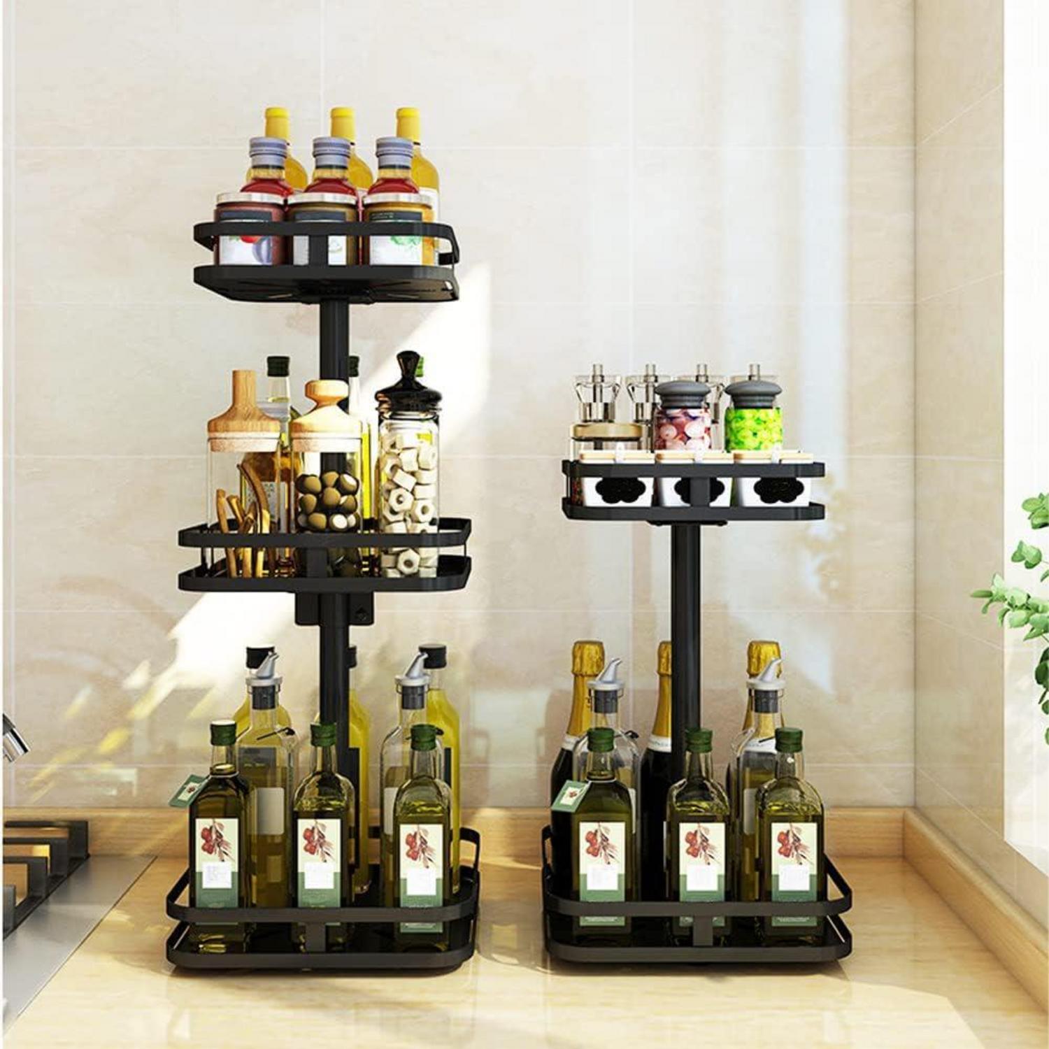 Gewürzregal Drehbar Schwarz Küchenregal 3-Etagen Ecke Stehend Lazy Susan