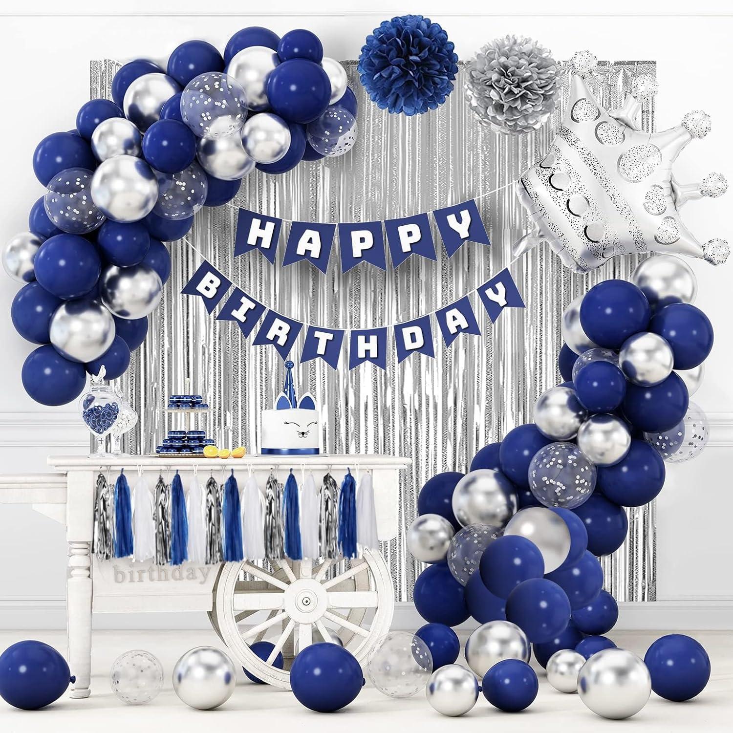 Geburtstagsdeko-Set Marineblau & Silber – Mit Banner, Luftballons, Schärpe, Tischdecke, Pompons & Mehr Für Party-Deko Männer/Jungen/Frauen Geburtstagsdeko-Set Marineblau & Silber – Mit Banner, Luftballons, Schärpe, Tischdecke, Pompons & Mehr Für Party-Deko Männer/Jungen/Frauen