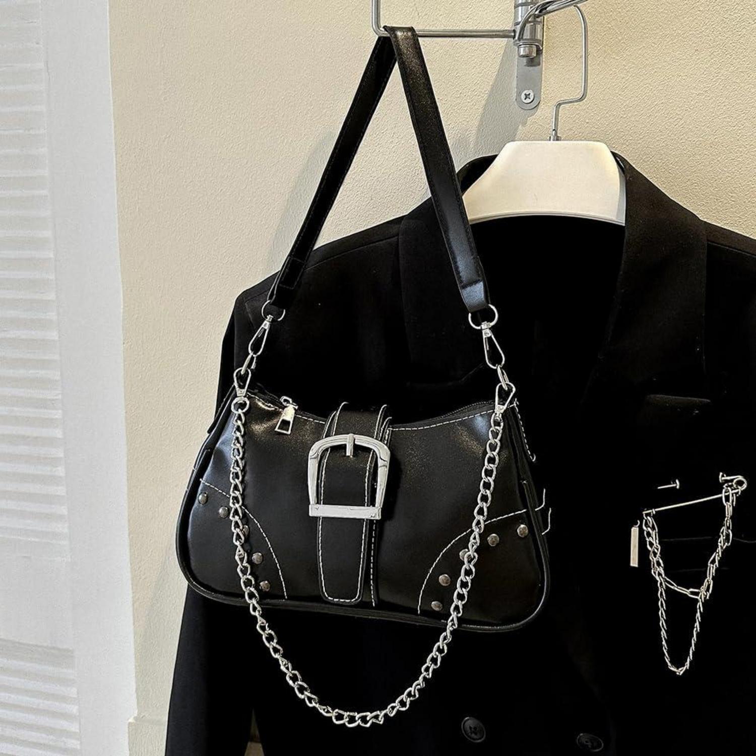 Umhängetasche Damen Klein Handtasche Leder Vintage Y2k Schultertasche Schwarz