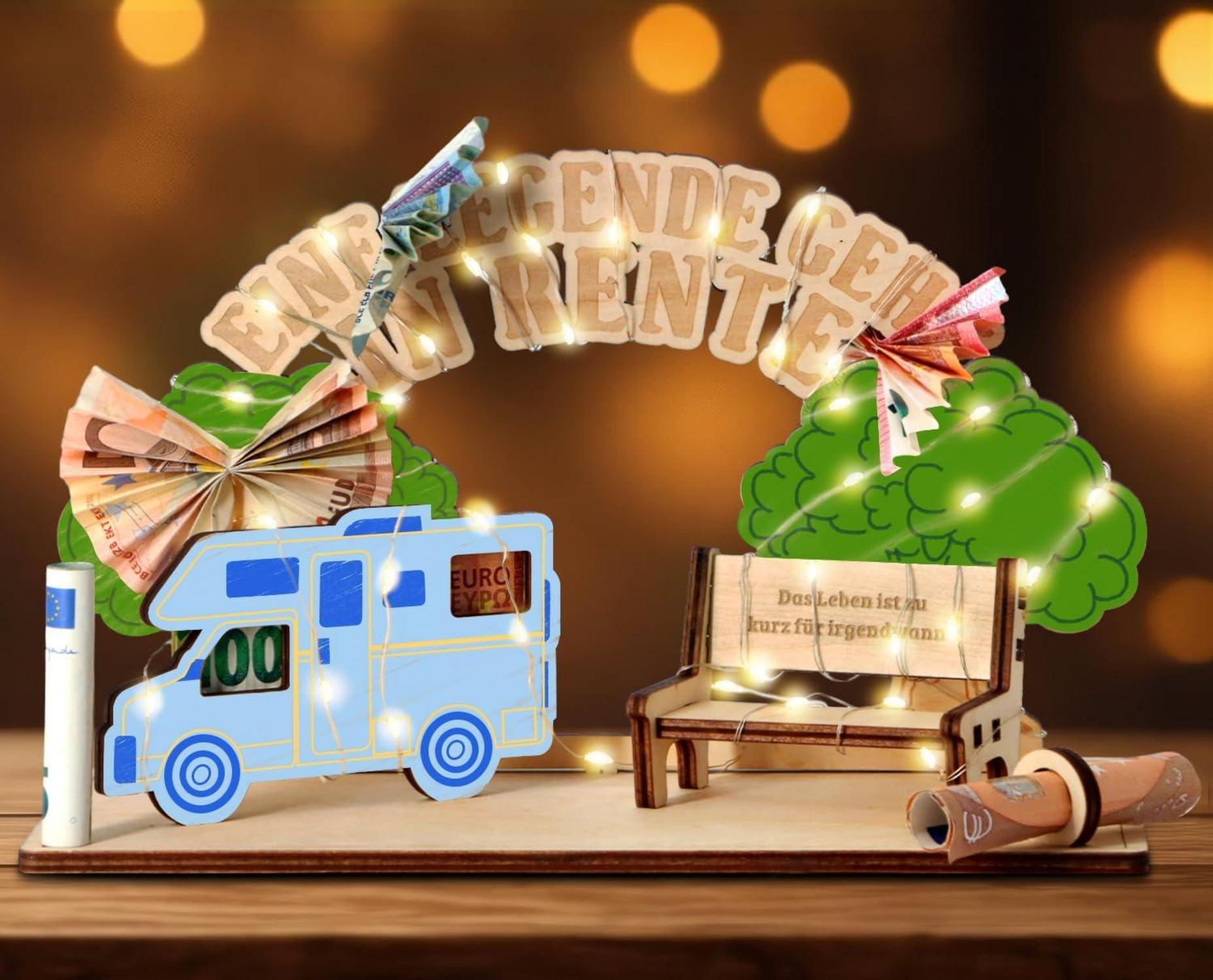 Ruhestand Geschenk LED Lichterkette Rentnerbank Holz DIY Geldgeschenk