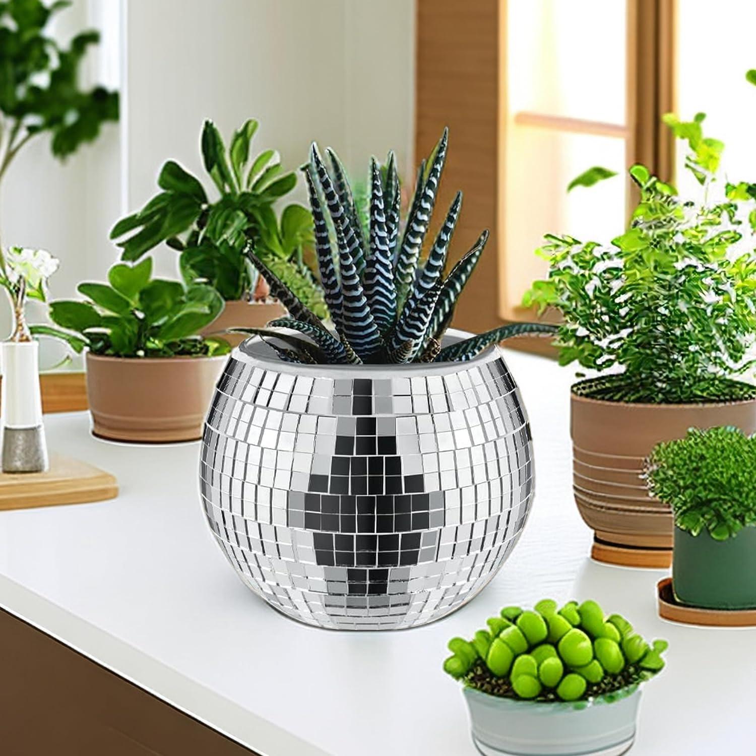 Discokugel Blumentopf Silber Glas Vase Deko 10*12*12cm