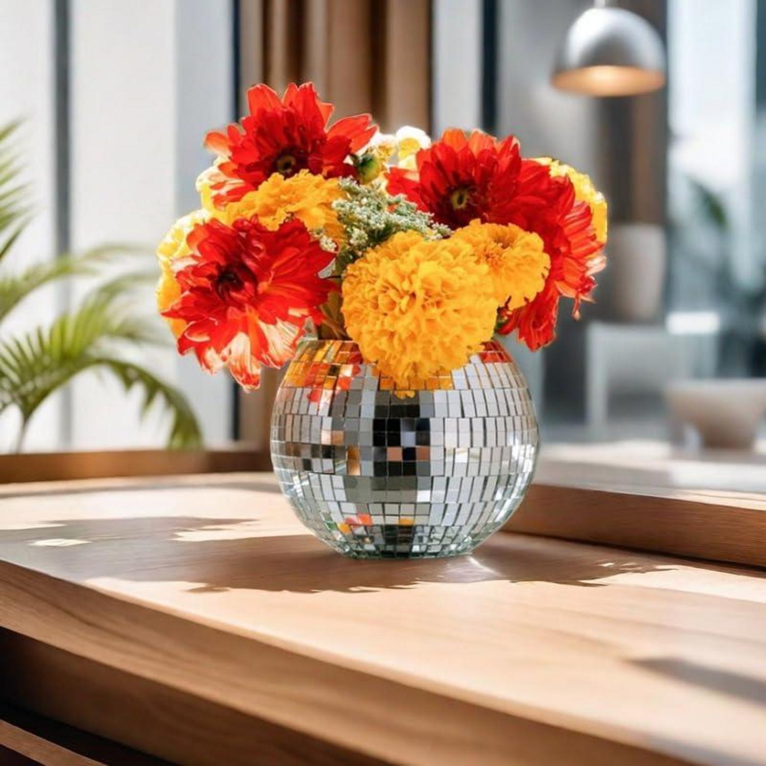 Qiumyanlod Discokugel Blumentopf Silber Glas Vase Pflanzgefäß 10*12*12cm