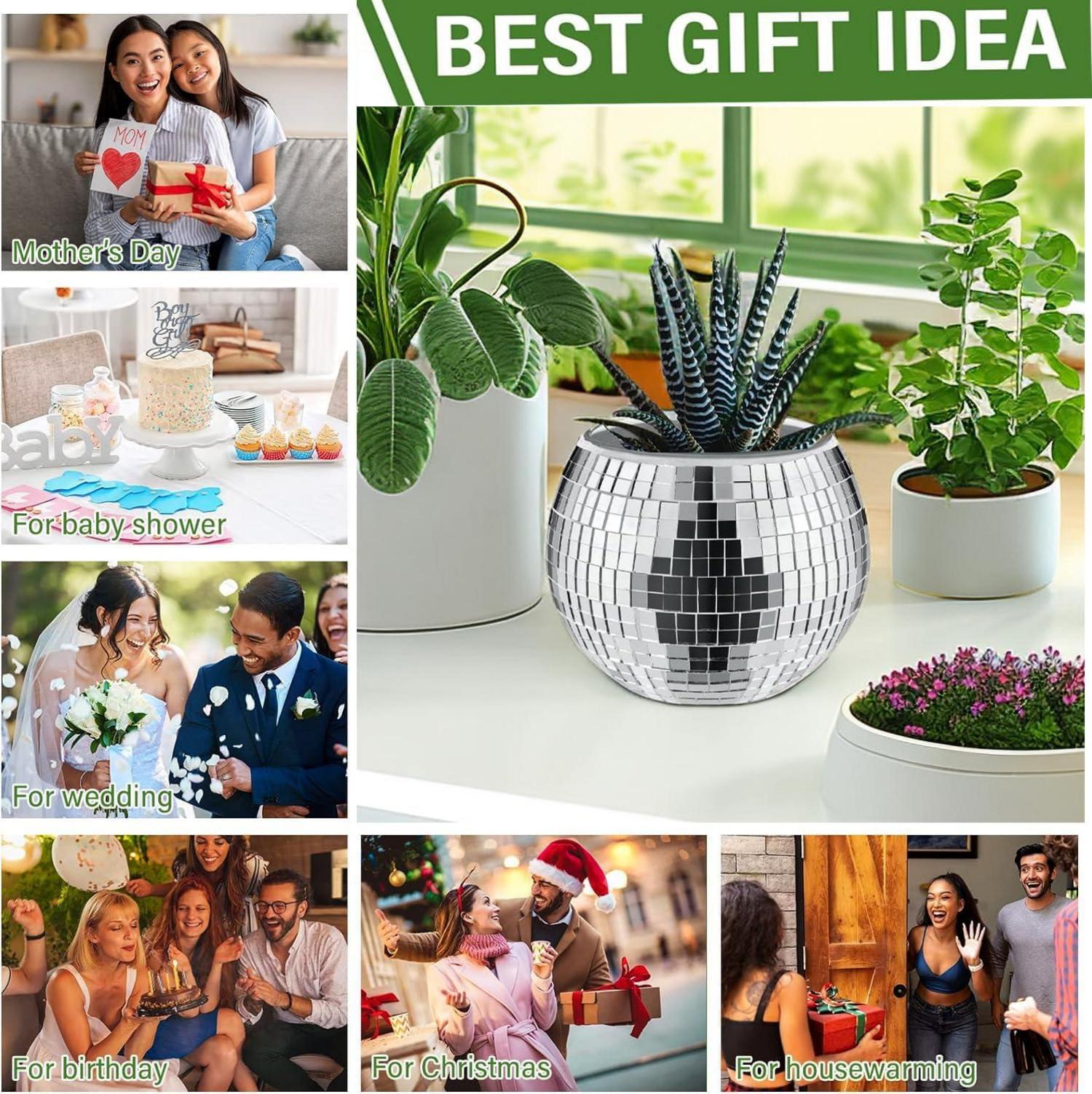 Discokugel Blumentopf aus Glas Silber 10x12x12cm Party Deko