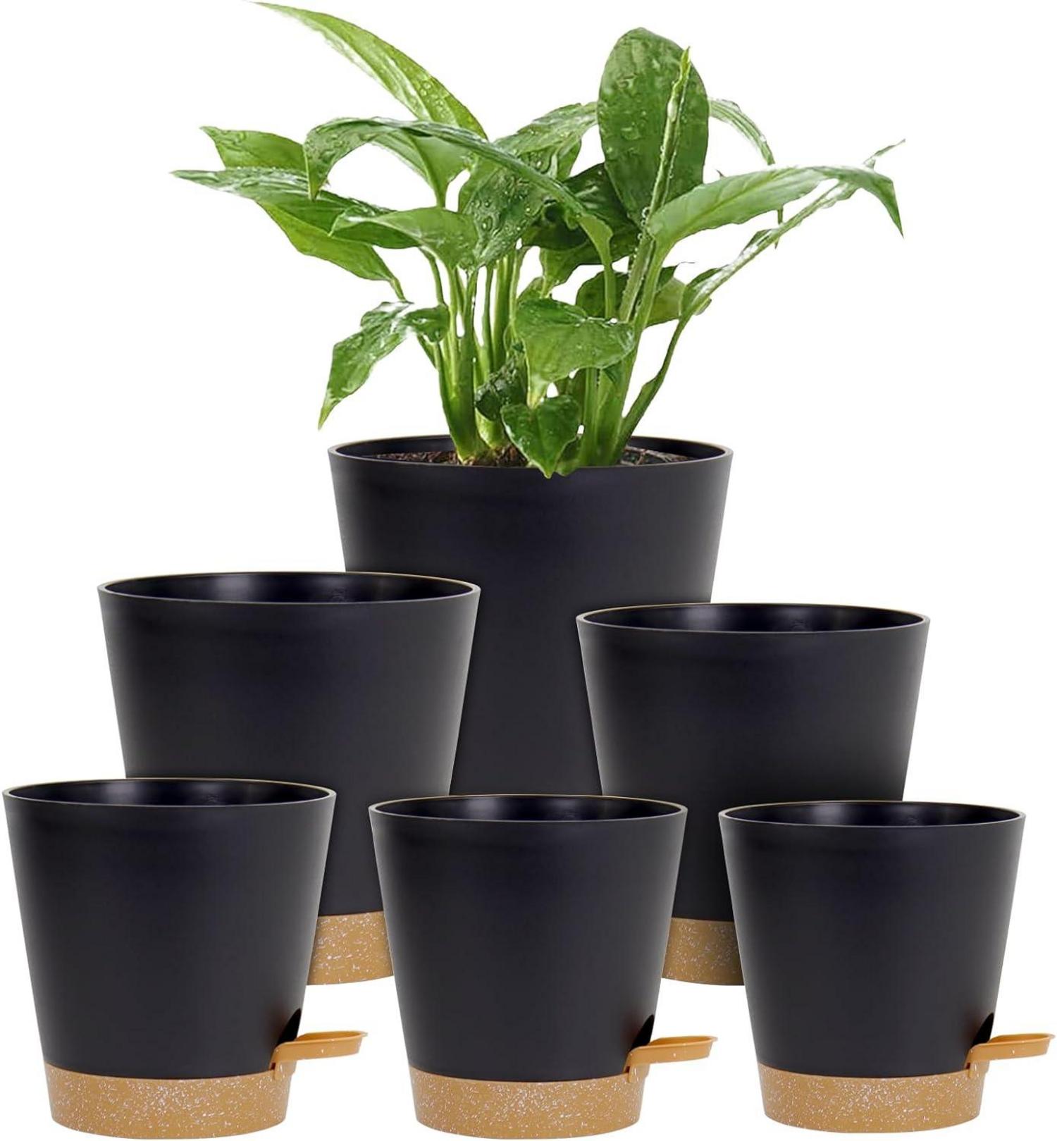 Gerbala 6er-Pack Selbstbewässernde Blumentöpfe – 15,2 Cm, Mit Wasserreservoir (bis 260 Ml) & Docht – Für Kräuter, Sukkulenten & Orchideen – Grün Mit Braunem Untersetzer