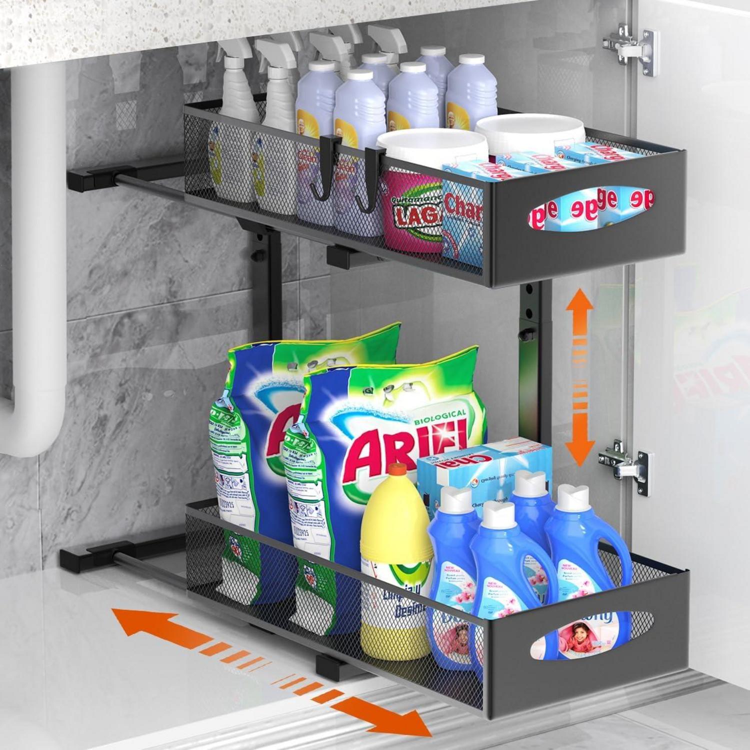 spülschrank aufbewahrung Organizer 2 Etagen Metall Ausziehbares Unter – Luxus-Kollektion Deckelfarbe:Teegrau (Acryldeckel) Bio Schwarze Knoblauchpaste | zahnschiene ohne zahnarzttermin