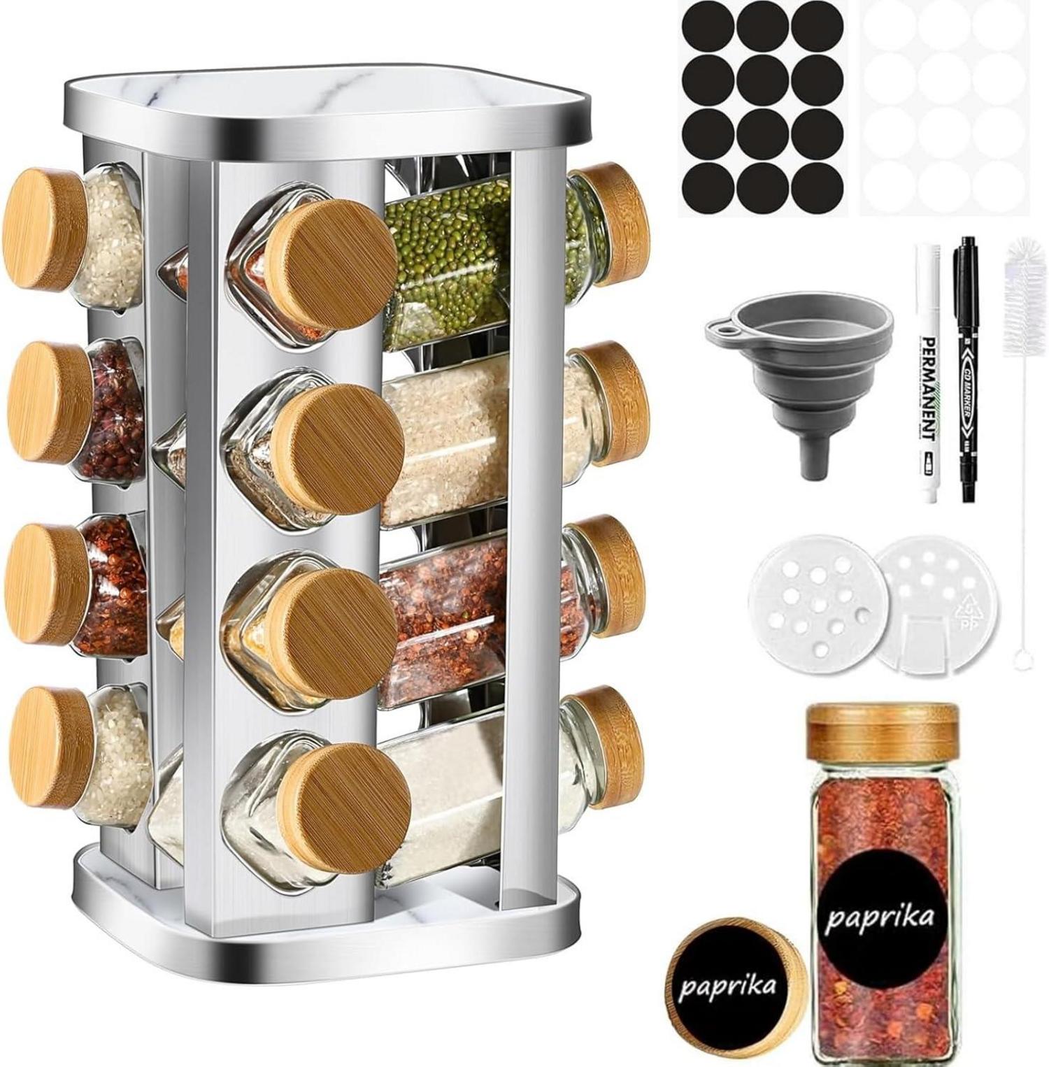 Drehbares Gewürzregal mit 16 Glasdosen und Bambus-Deckeln