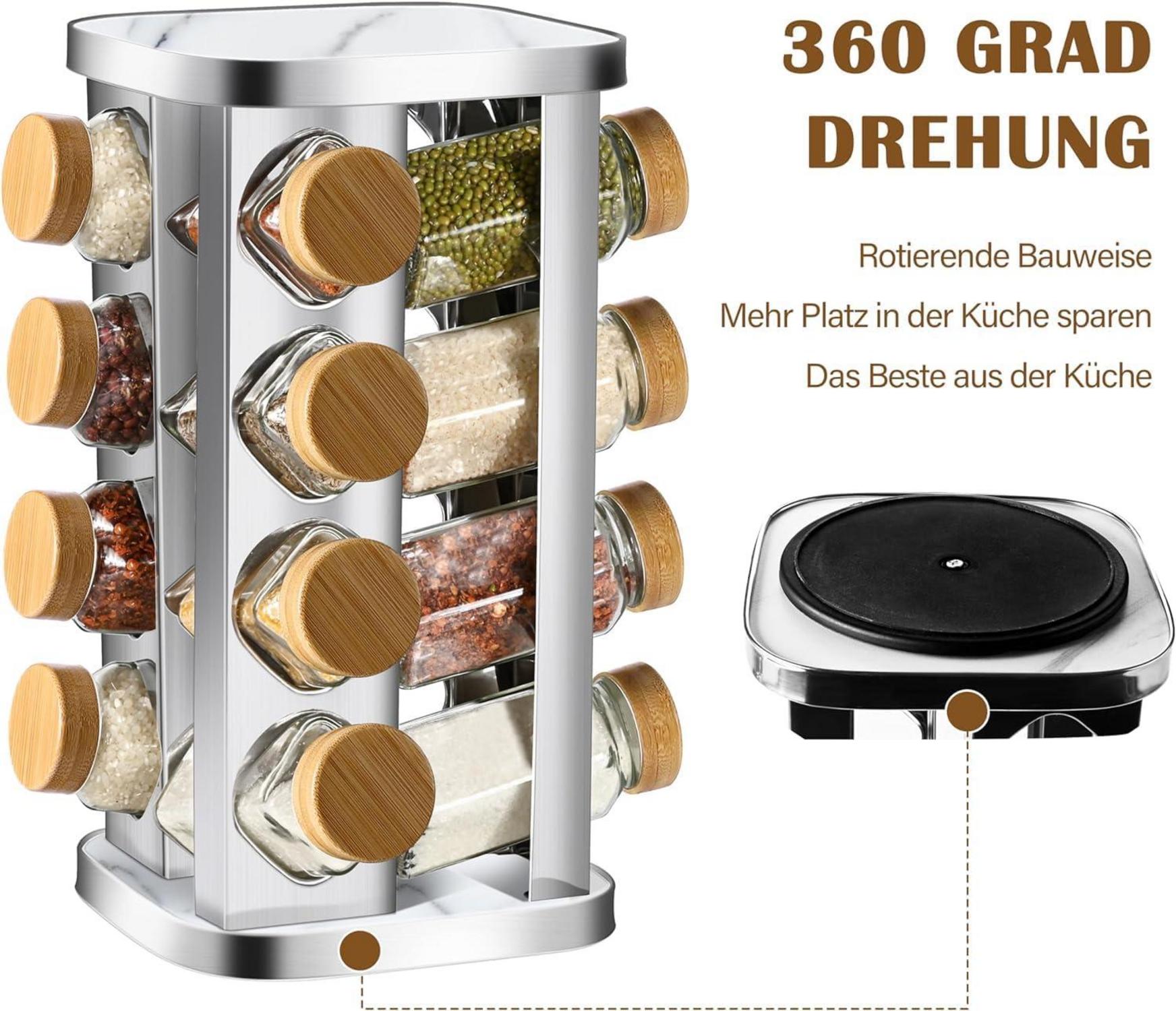 Drehbares Gewürzregal mit 16 Gewürzgläsern Bambus-Deckel