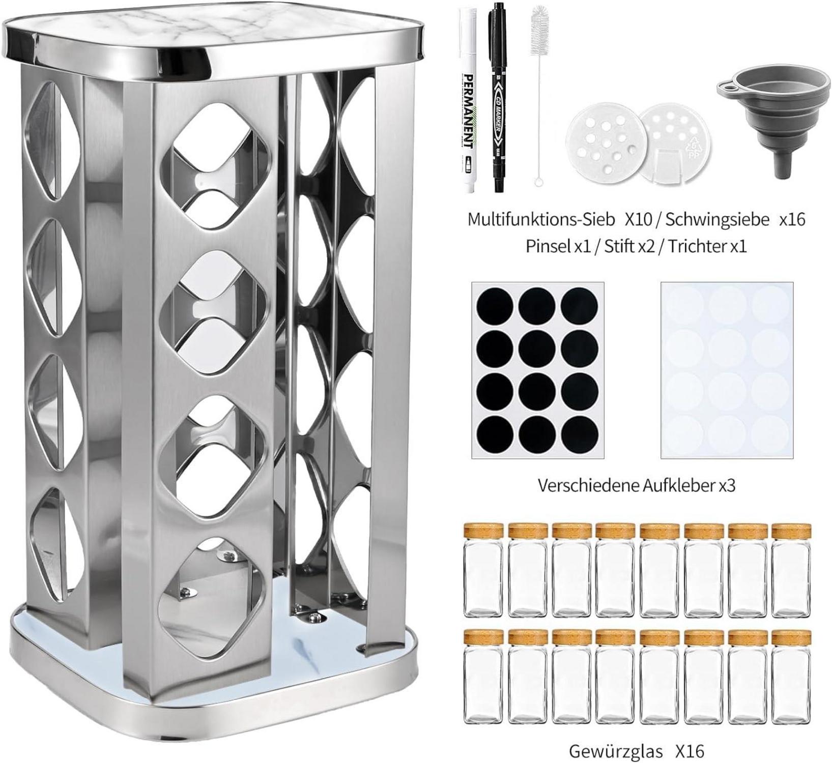 Drehbares Gewürzkarussell mit 16 Gewürzgläsern und Bambus-Deckeln