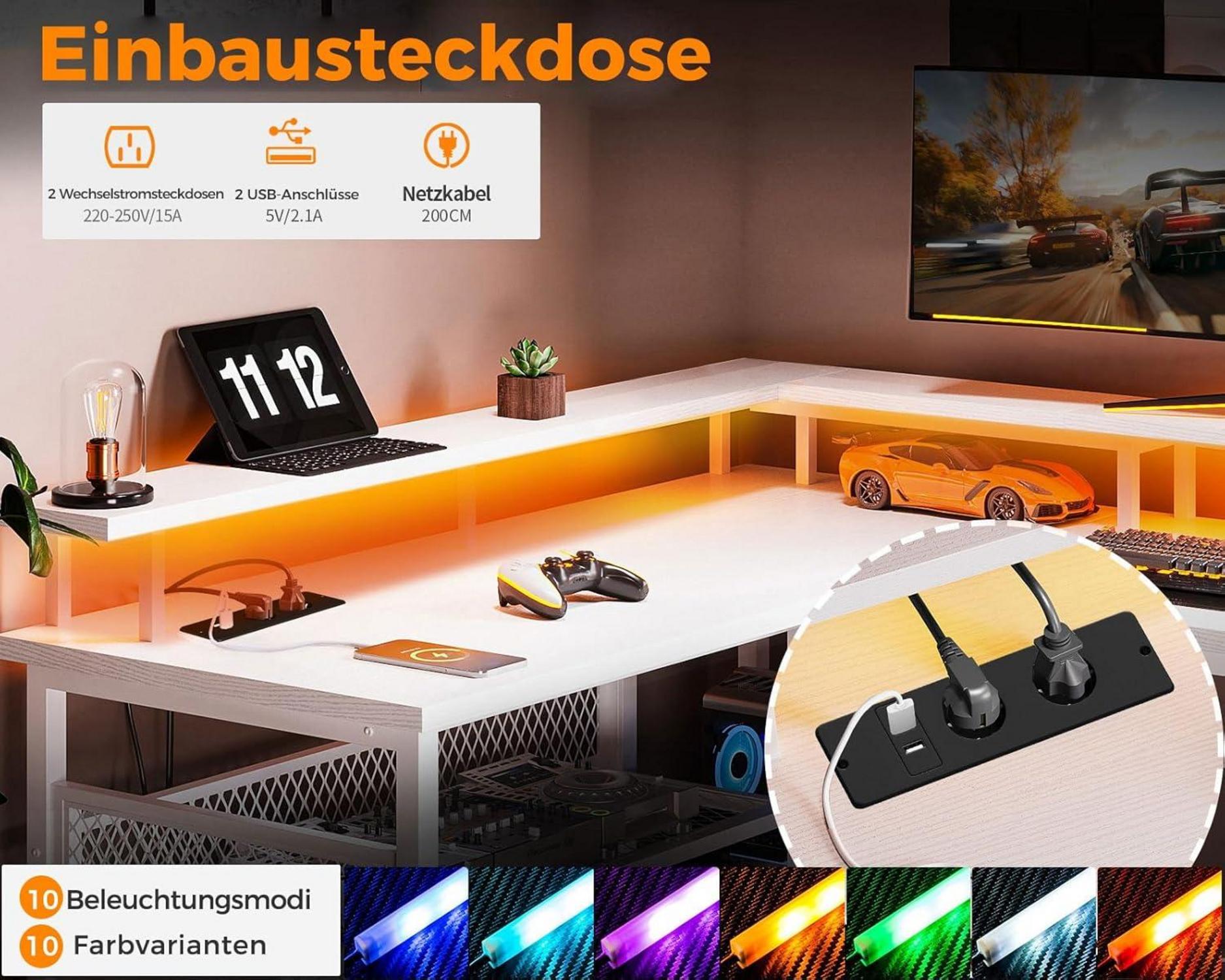 LED Gaming Schreibtisch mit Steckdosen & USB-Anschlüssen Weiß 168×120cm
