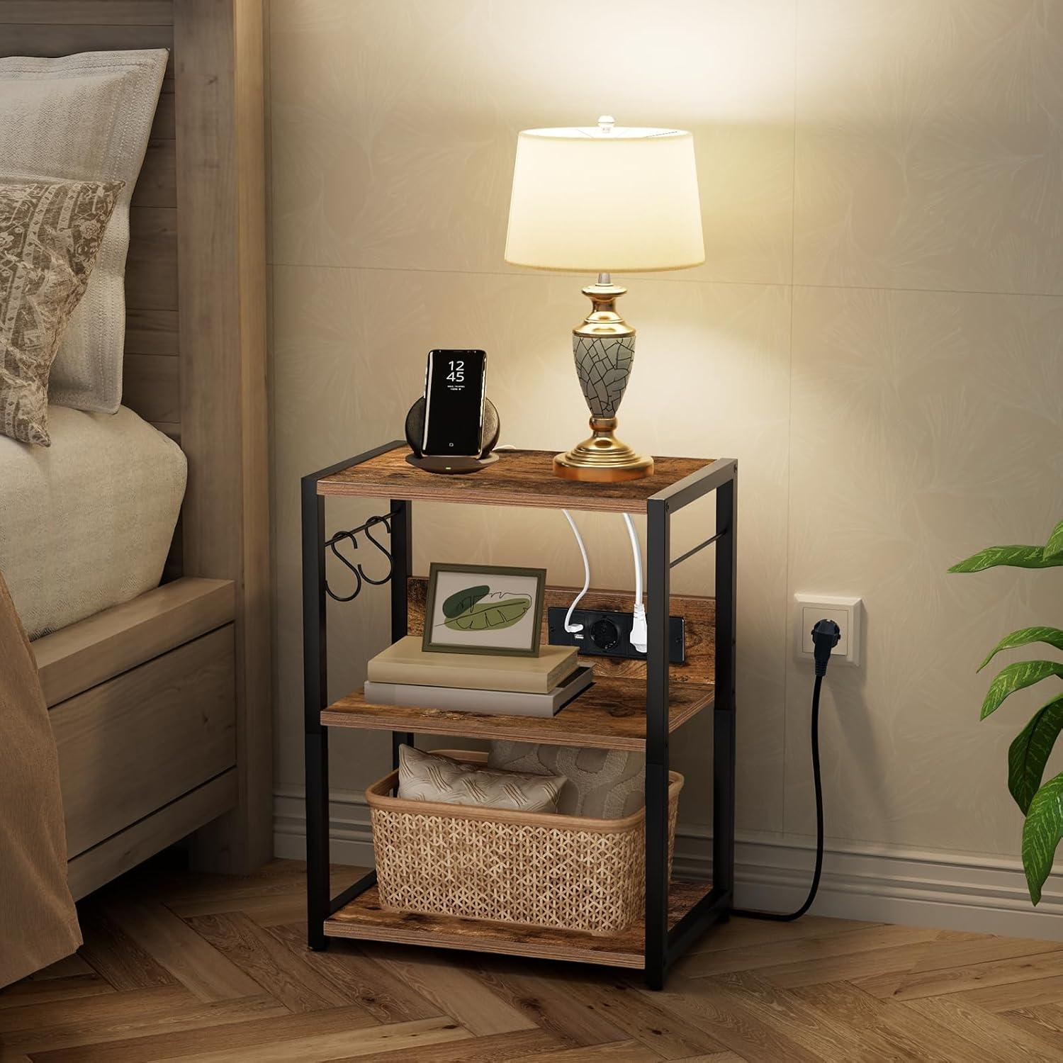 MAHANCRIS Druckertisch mit Rollen und Ladestation Vintagebraun 42 x 28 x 60 cm