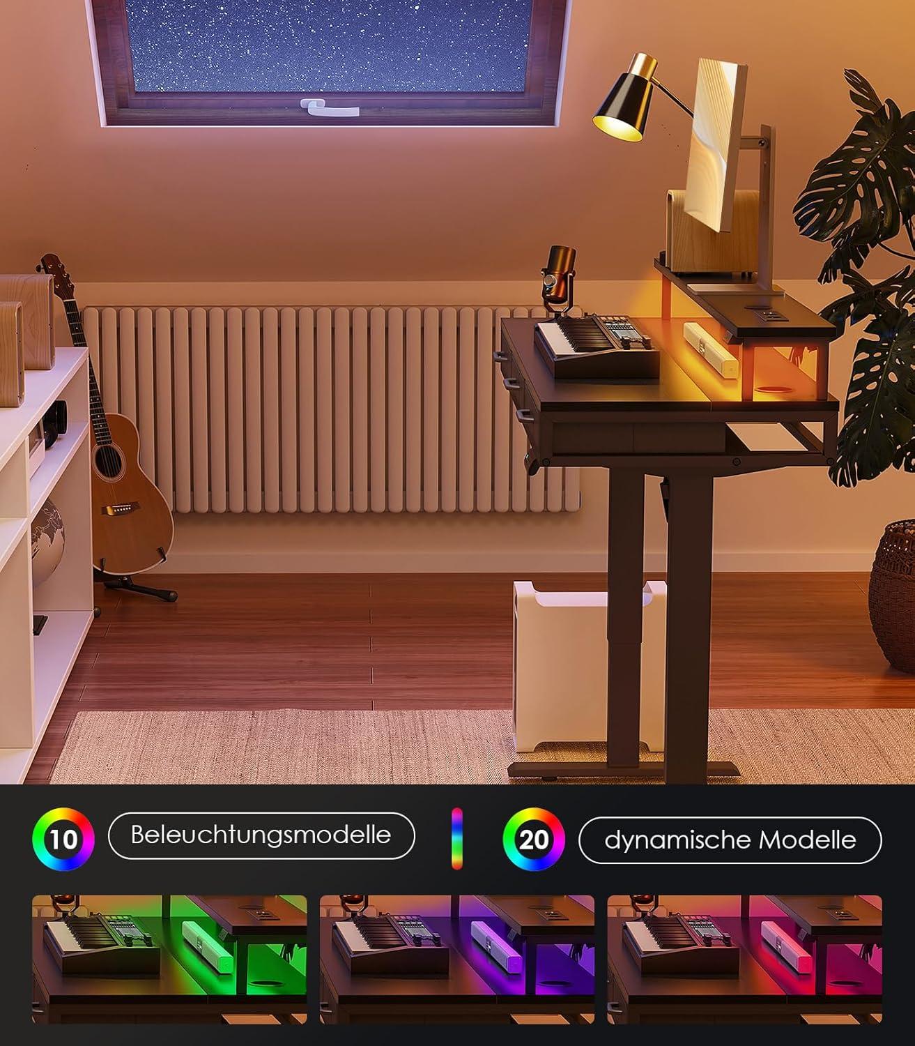 Elektrischer Schreibtisch mit Schubladen und Monitorständer, Gaming Tisch mit Steckdosen und Lichtleiste, Schwarz