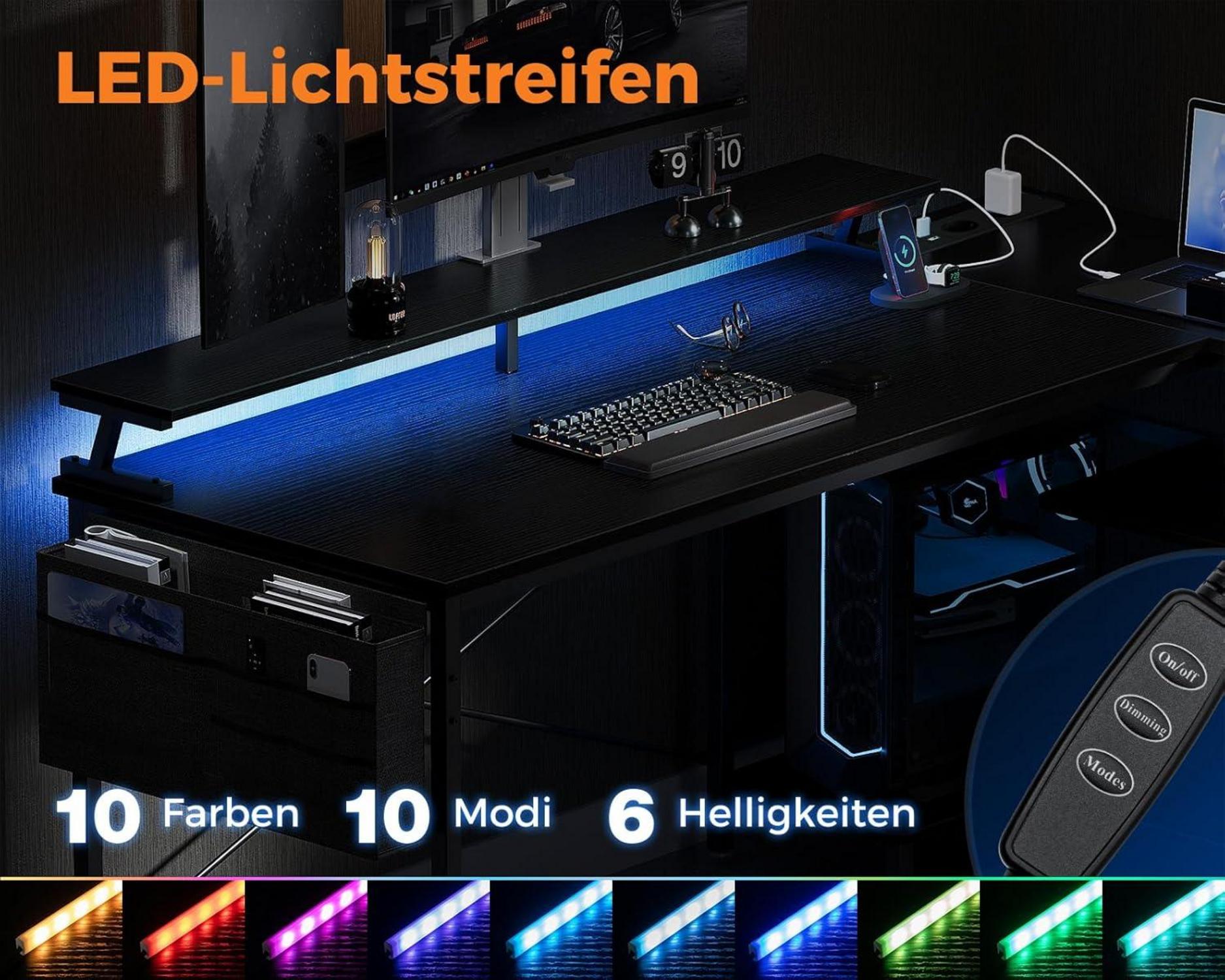 Gaming Schreibtisch L Form LED Steckdosen Regal Monitorständer Schwarz