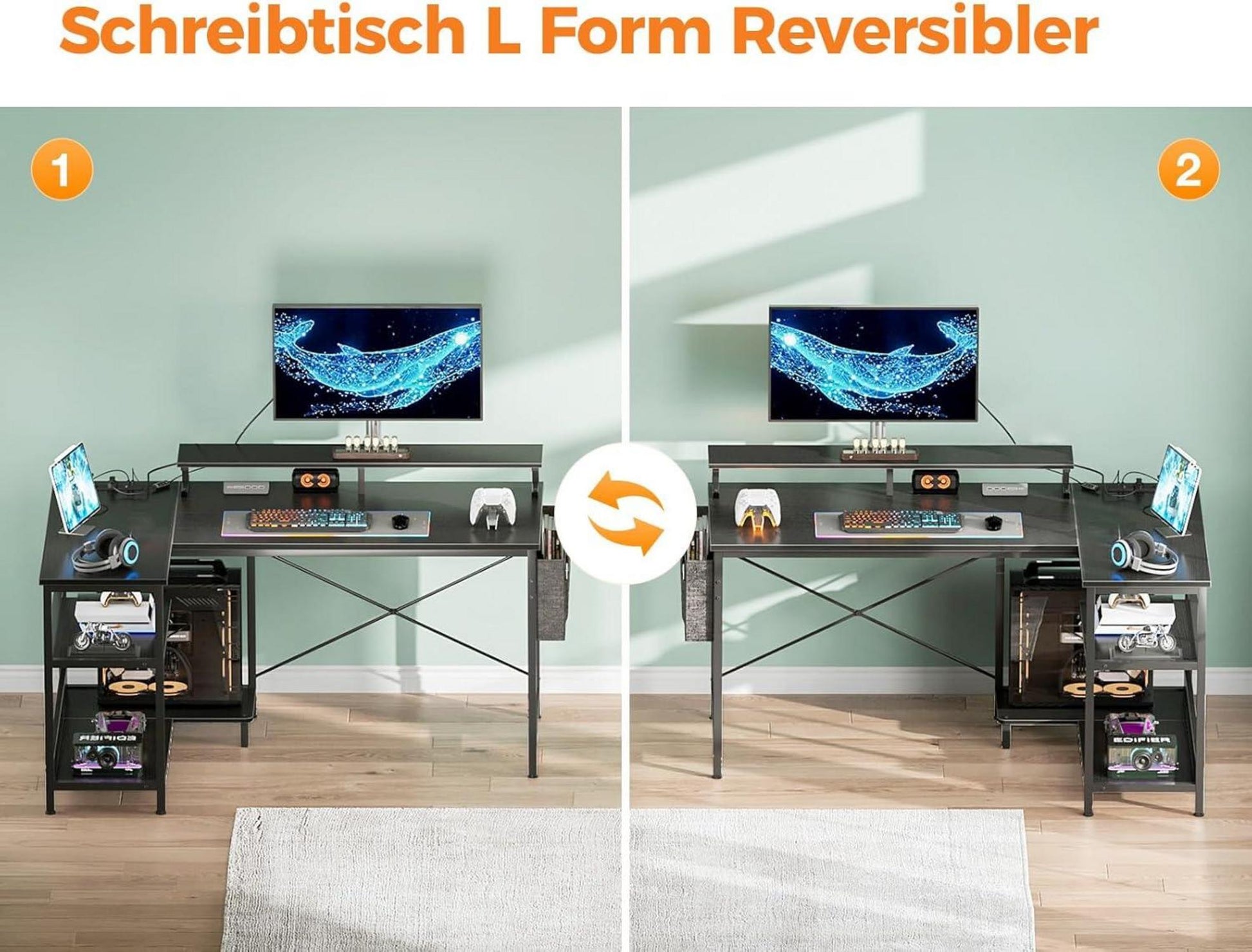 Gaming Schreibtisch L Form LED 120x80cm Schwarz USB-Ladeanschlüssen