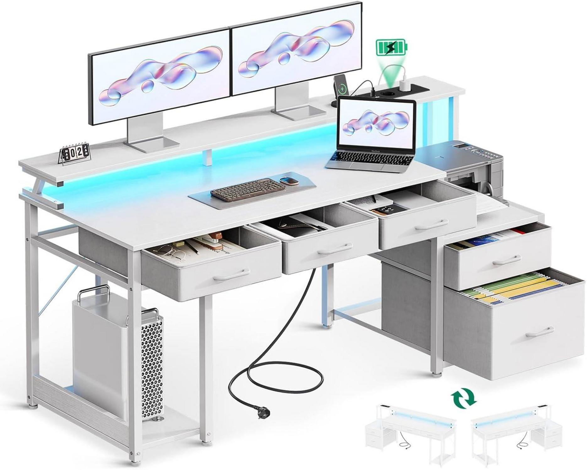 Schreibtisch mit Schubladen, Monitorständer und LED-Leuchten, Gaming