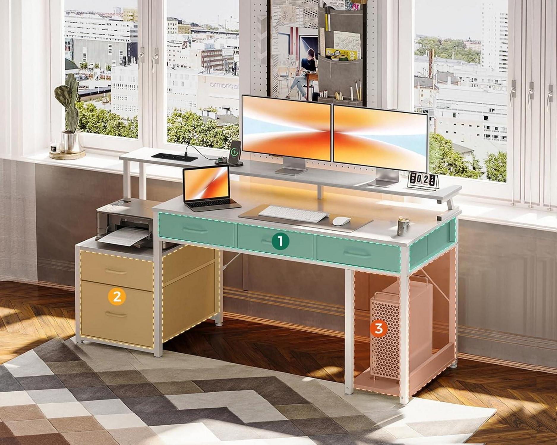 Schreibtisch mit 5 Schubladen Stoff LED-Monitorständer 140x48cm