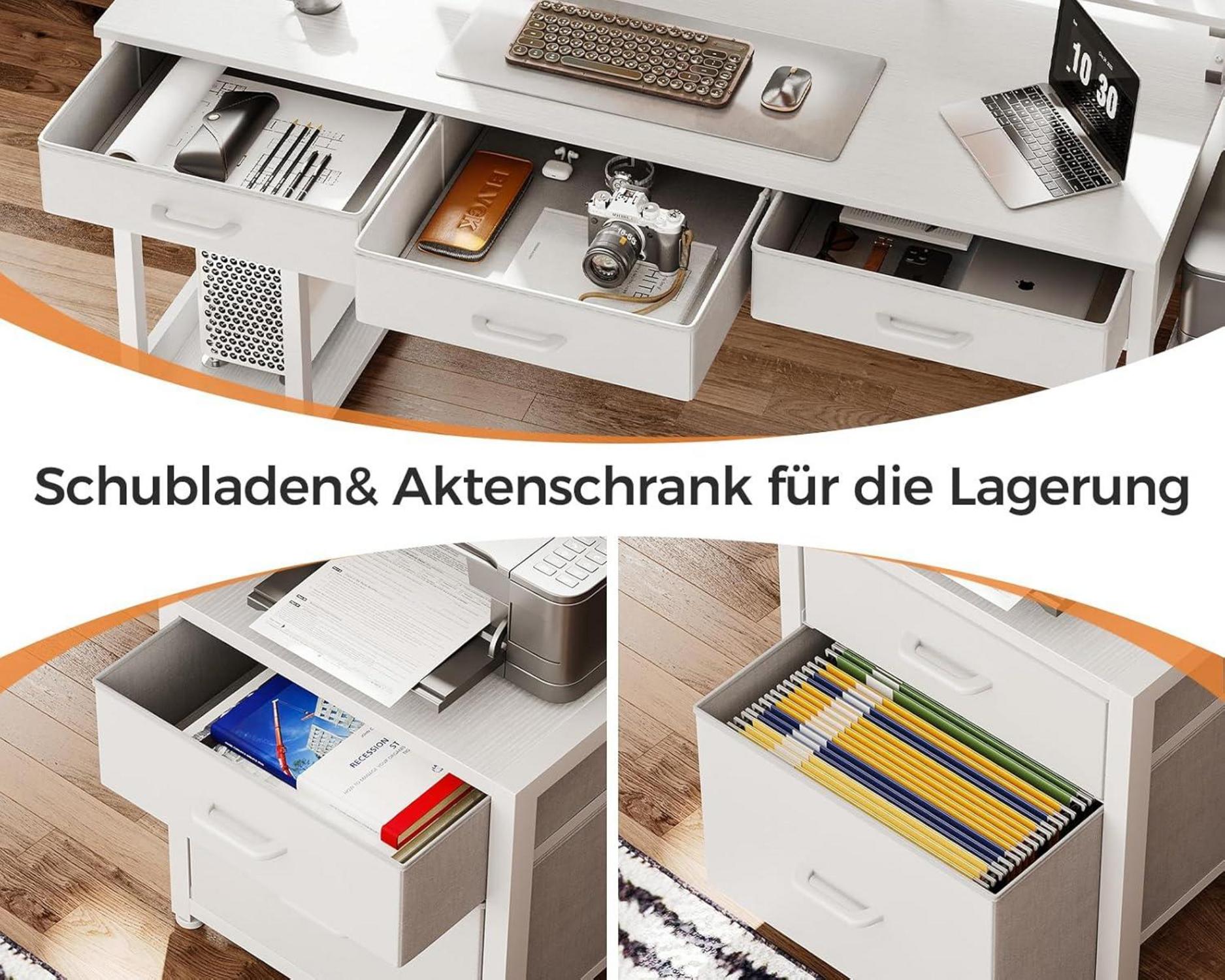 Schreibtisch 5 Schubladen Stoff Computertisch Monitorständer LED-Leuchten White