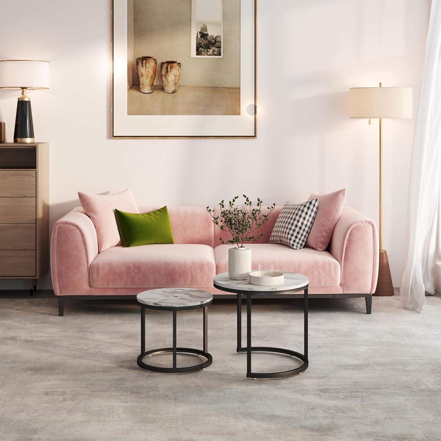 2er Set Couchtisch Marmor Weiß Rund - Satztische Wohnzimmer