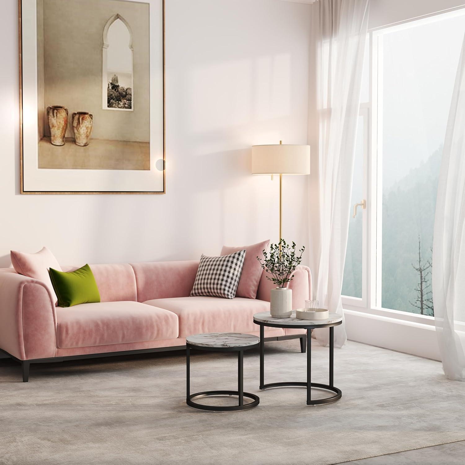 Couchtisch Marmor Weiß Rund 2er Set Satztische Wohnzimmer