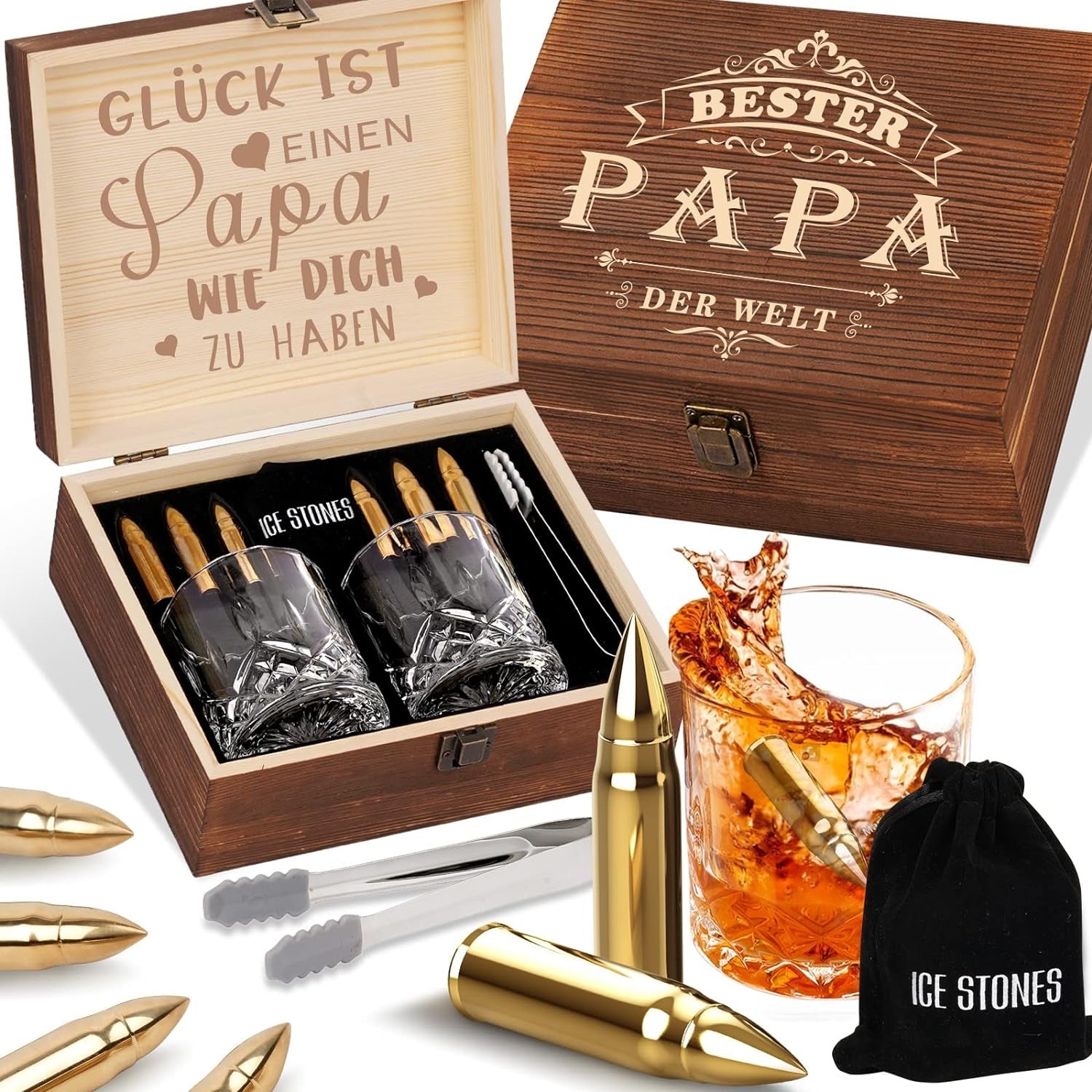 Papa Geschenke Whiskyset 2 Whiskeygläser und 6 Kühlsteine in Holzkiste Vatertag