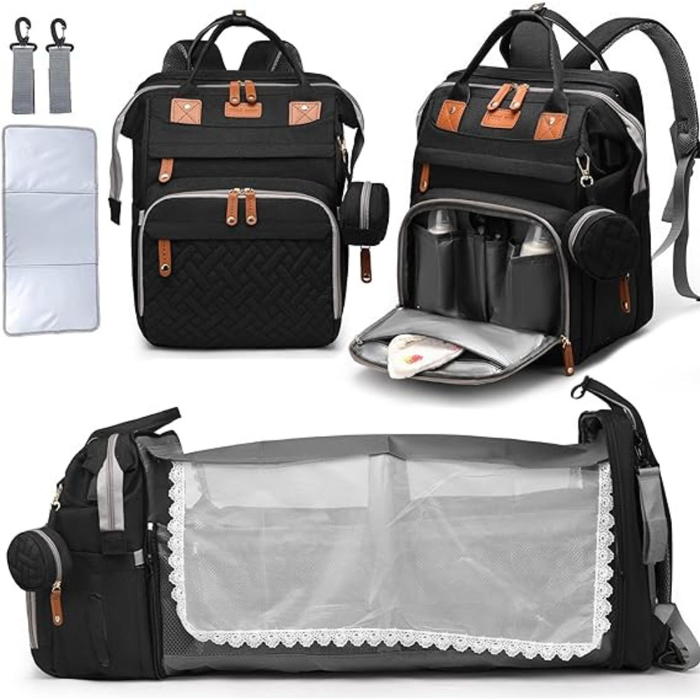 Schwarz Wickeltasche Rucksack mit Faltbett USB-Port Multifunktional Wasserdicht