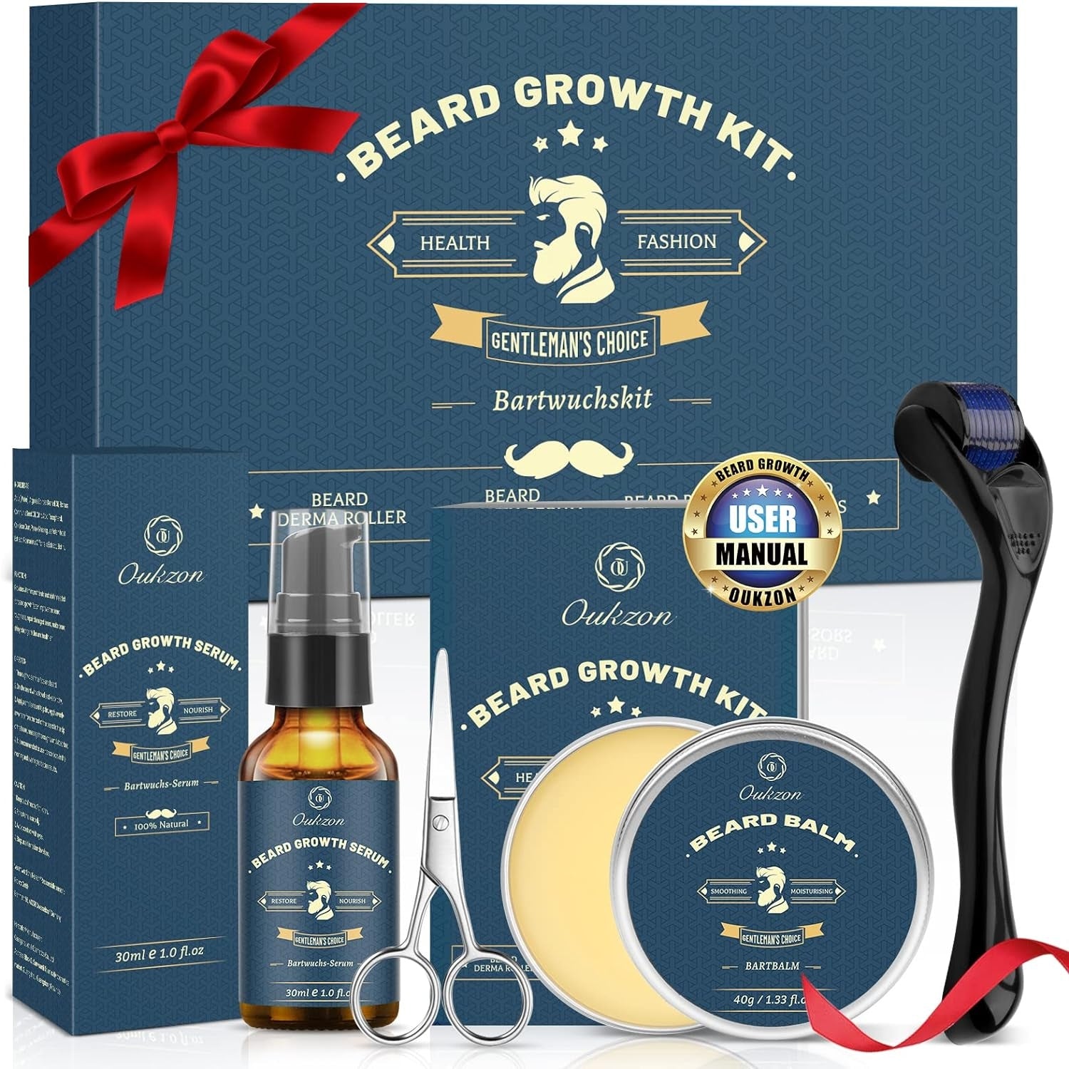 Bartroller Bartwuchs Set für Männer Bartwuchsmittel Öl Balsam Schere Geschenk