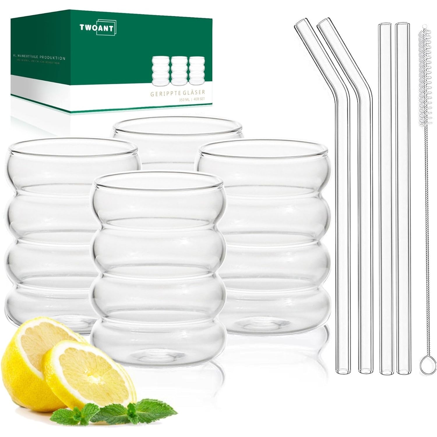 Geripte Cocktailgläser Longdrinkgläser 350ml 4x Strohhalmen