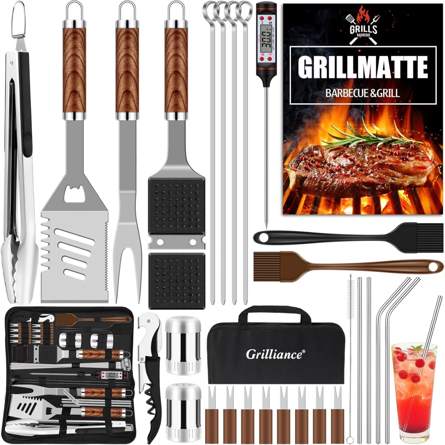 Grill Zubehörset Grillbesteck mit fleischthermometer 30 teilig Camping Zuebehör