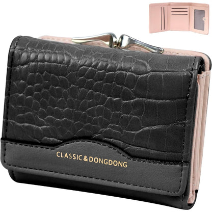 PU Leder Geldbörse Damen Krokodildruck Schwarz Pink Klein Umklappbar Münzfach