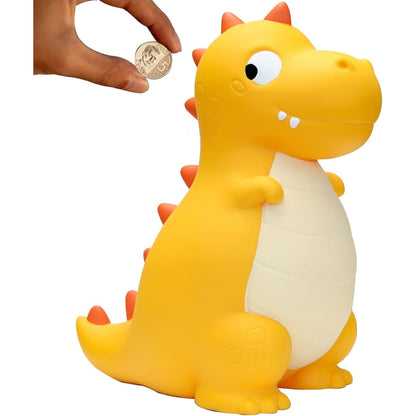 Kinder Dino Spardose Gelb Robust PVC Einfacher Münzenzugang Taufgeschenk