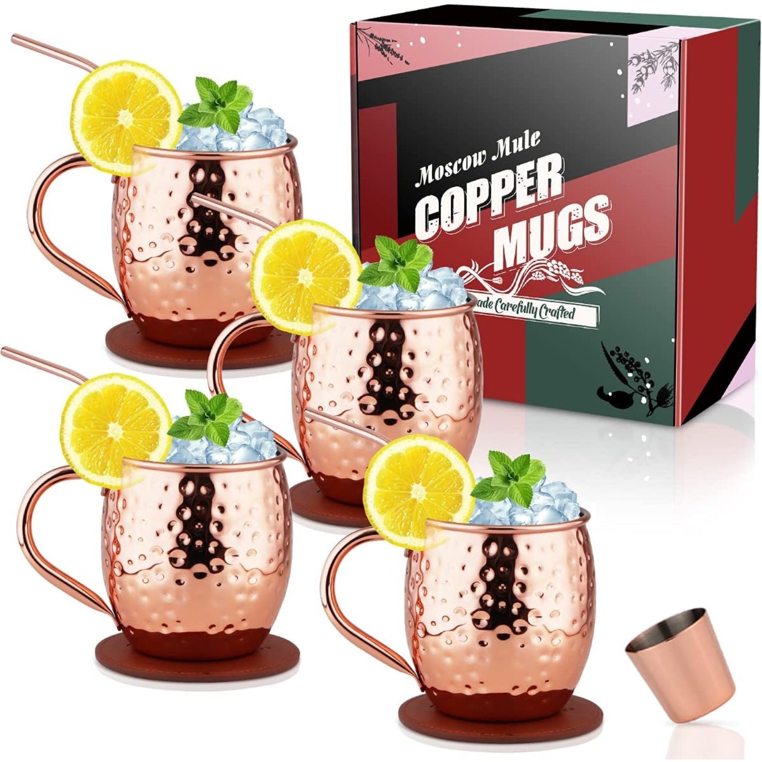 4er Kupferbecher Moscow Mule Cocktailset Handgemacht mit Zubehör