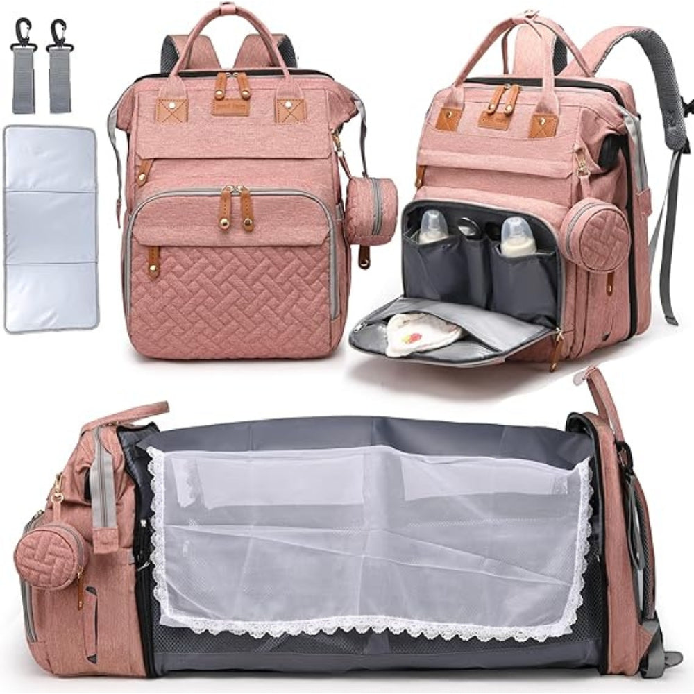 Rosa Wickeltasche Rucksack mit Faltbett USB-Port Multifunktional Wasserdicht