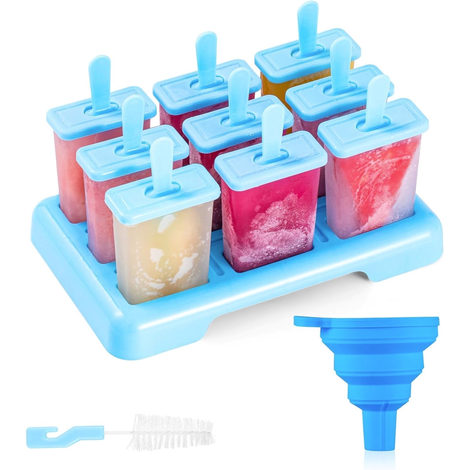 9er Eisformen Eis am Stiel DIY Set BPA Frei Reinigungsbürste Trichter Blau
