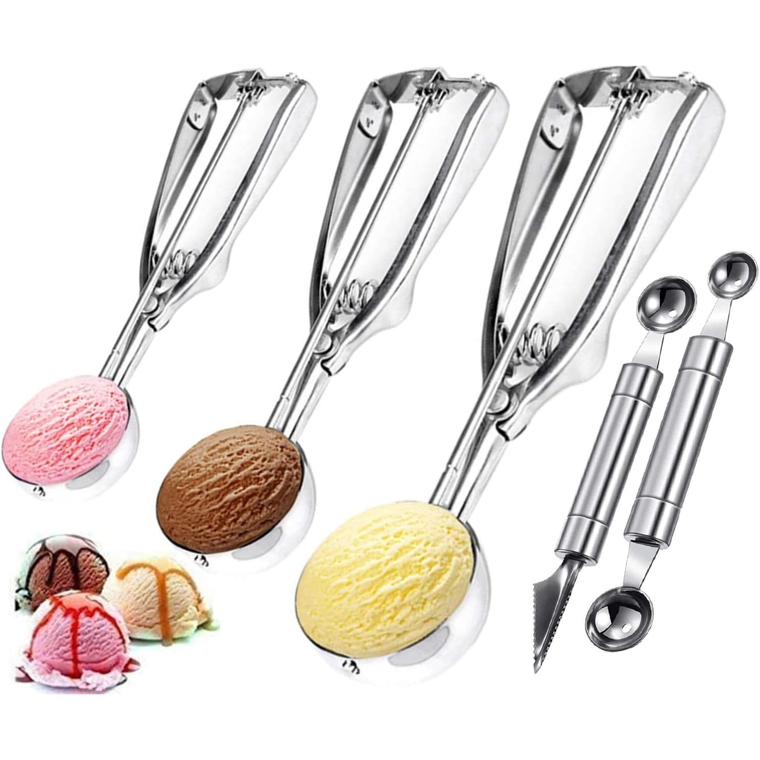 Edelstahl Eisportionierer Set 3 Größen Auslöser für Kekse Kuchen Melonenbällchen