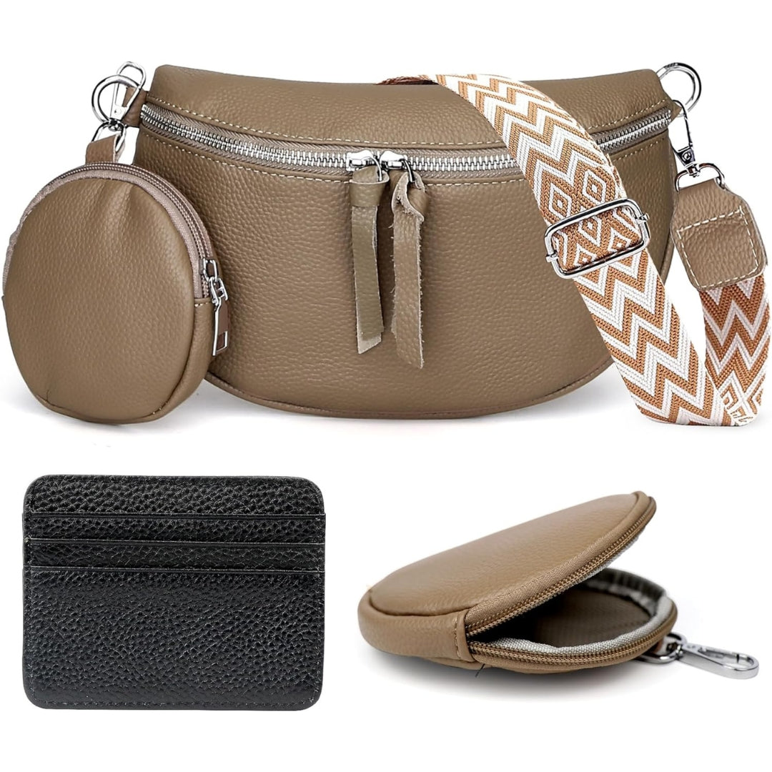 Khaki Damen Leder Umhängetasche Crossbody Breiter Gurt Münzbeutel Kartenhalter