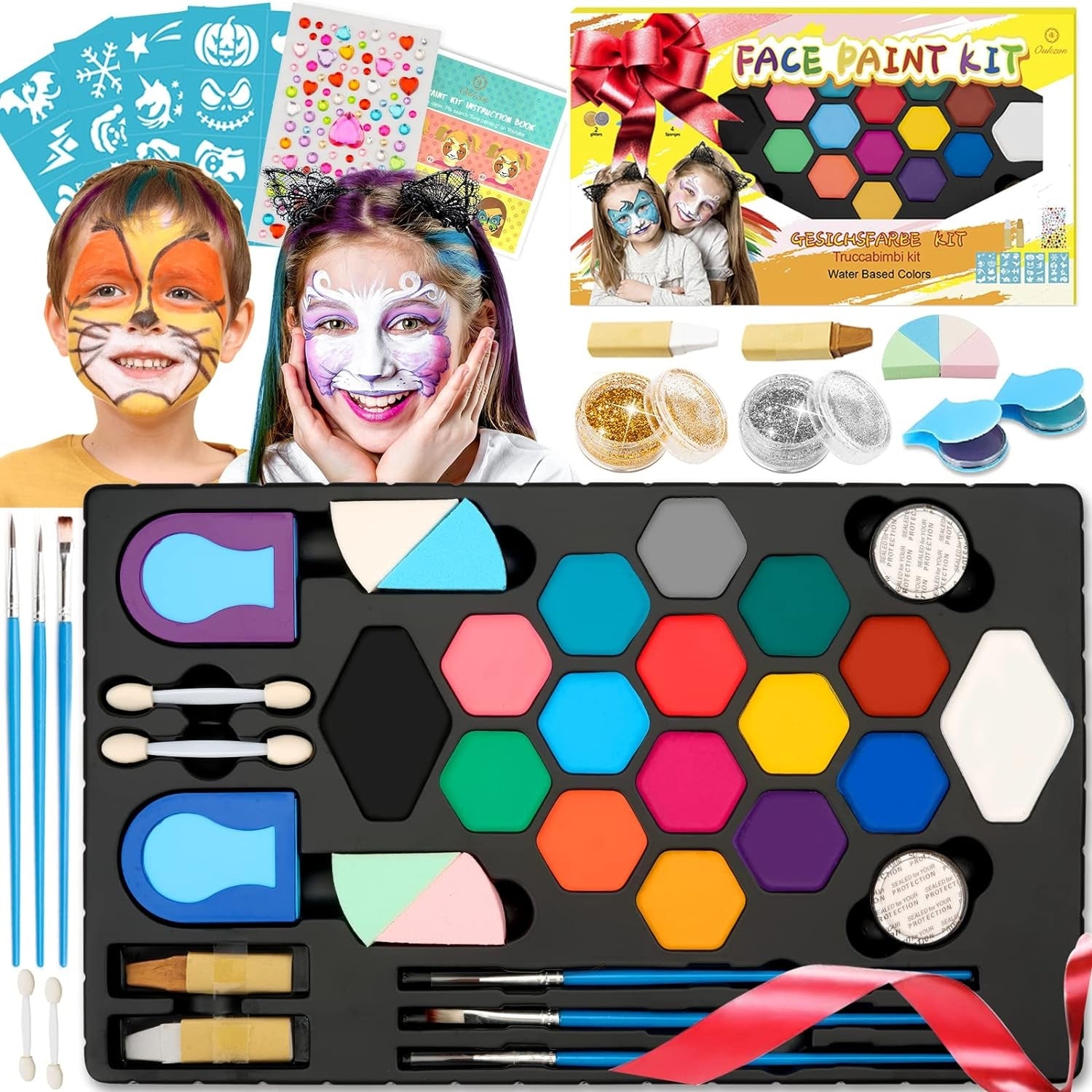 Professionelle Karnevalsschminke Mädchen Set 16 Farben + 2 Stifte 32 Schablonen