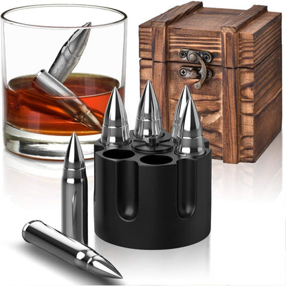 Geschenke für Männer Whiskey Steine Set in Patronenform Silber mit Whiskeyglas