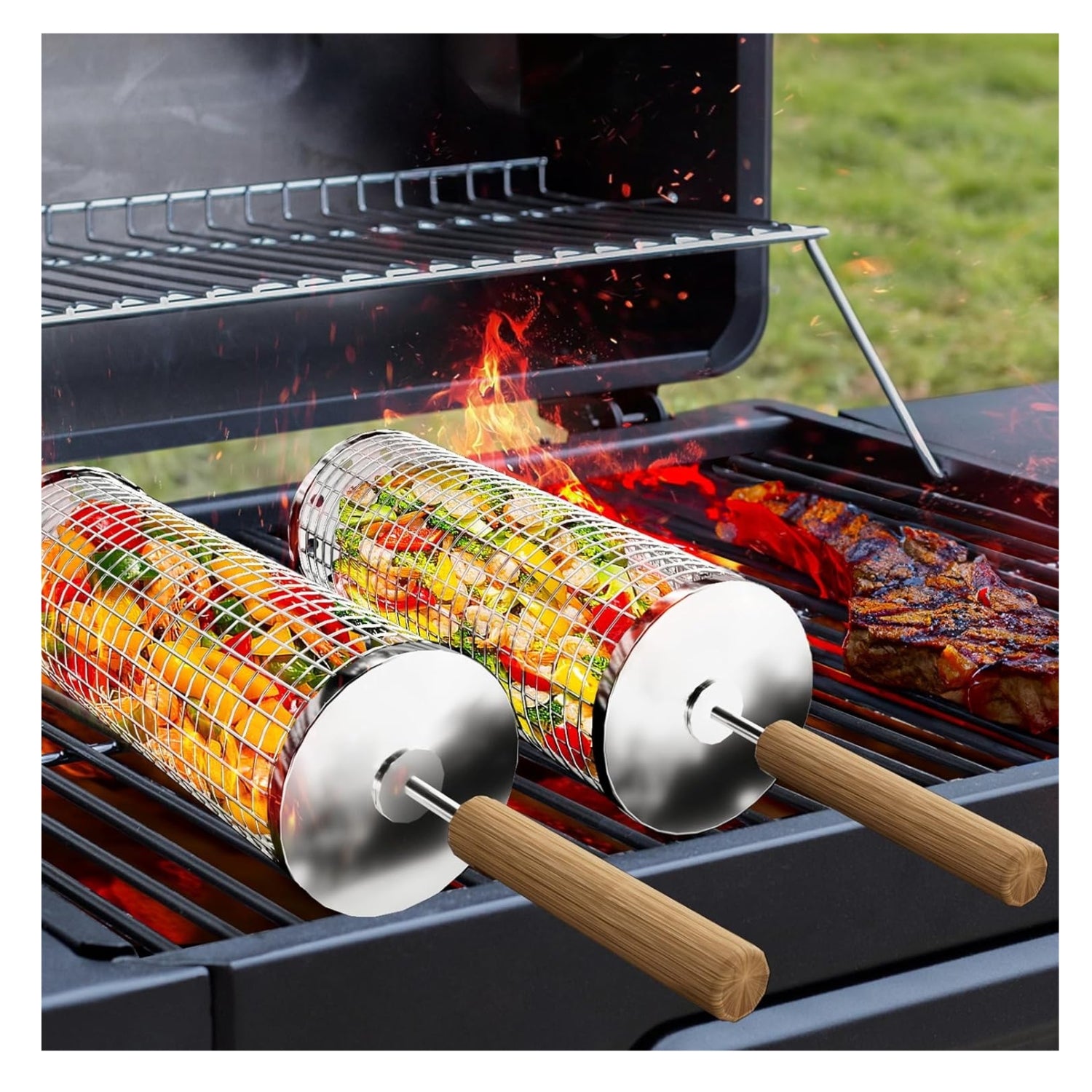 Grillkorb Set Holzgriff 2 Stk 28.5cm Grill Zubehör Drehspieß