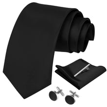 Krawatten Set Schwarz mit Einstecktuch und Manschettenknöpfe
