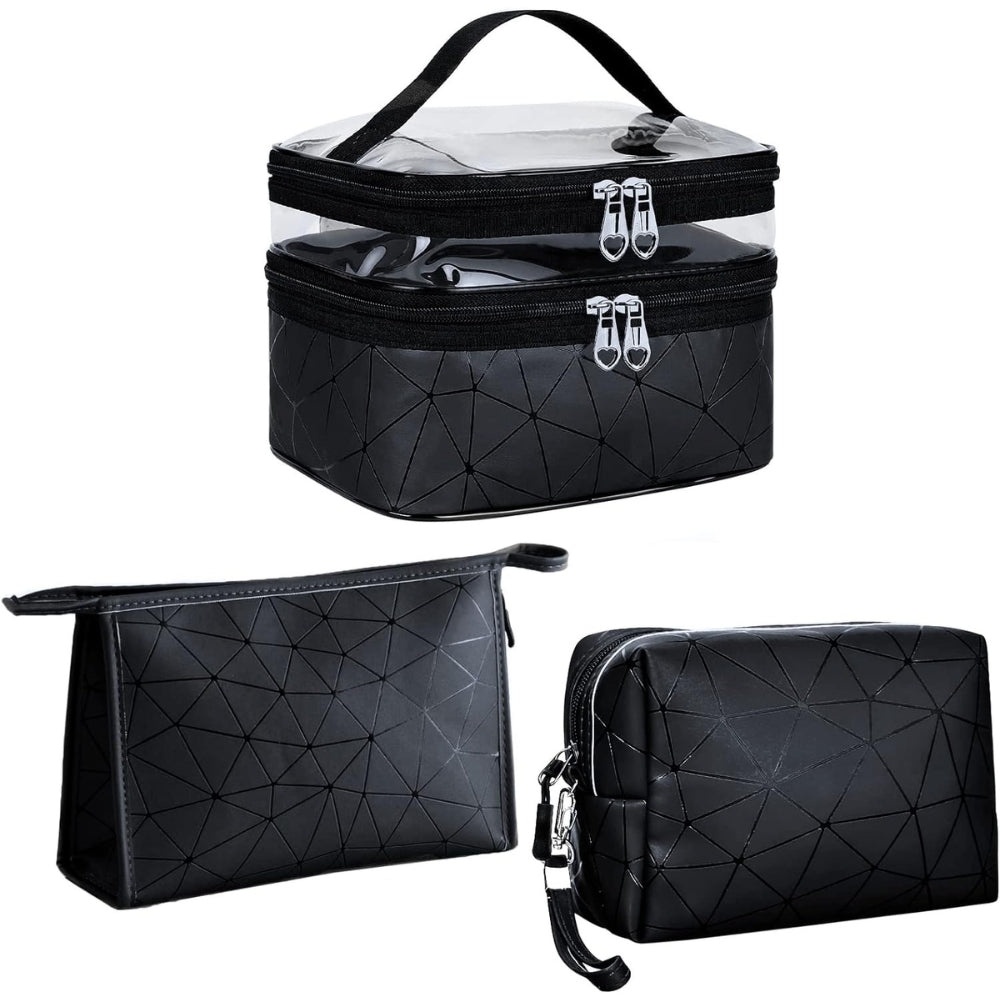 Kosmetiktasche Set 3 Stück Schwarz Transparent Doppellagig PVC+PU Unisex