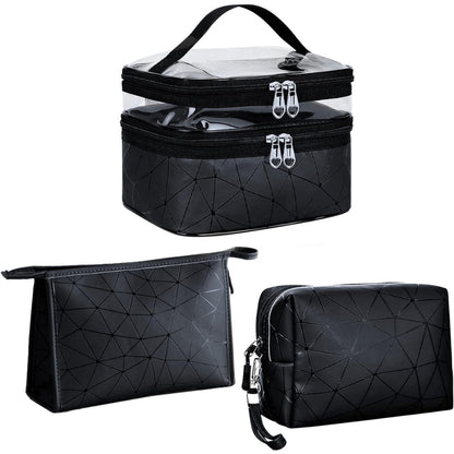 Kosmetiktasche Set 3 Stück Schwarz Transparent Doppellagig PVC+PU Unisex
