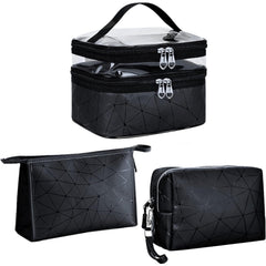 Kosmetiktasche Set 3 Stück Schwarz Transparent Doppellagig PVC+PU Unisex