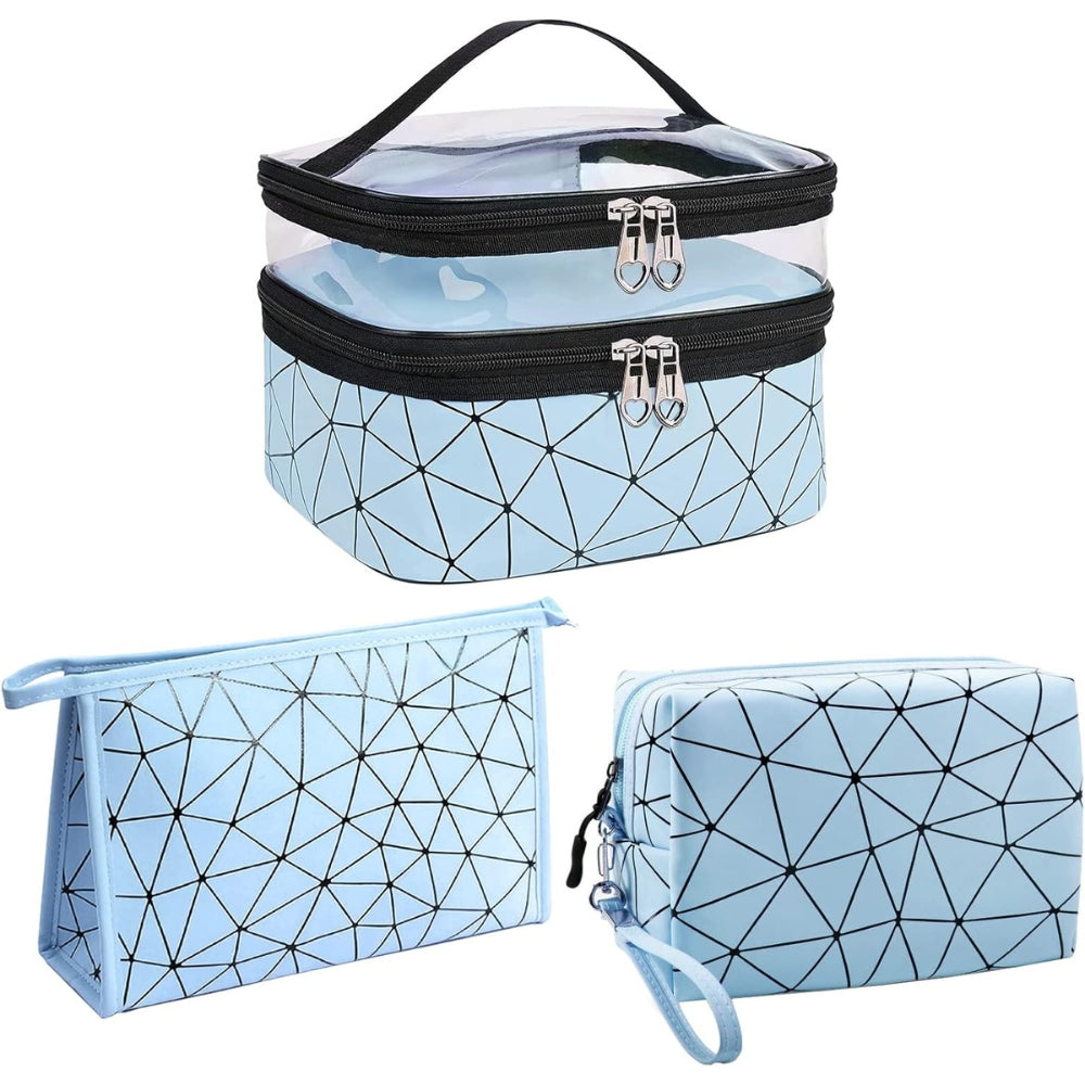 Kosmetiktasche Set 3 Stück Blau Doppellagige Transparente Schminktasche Unisex