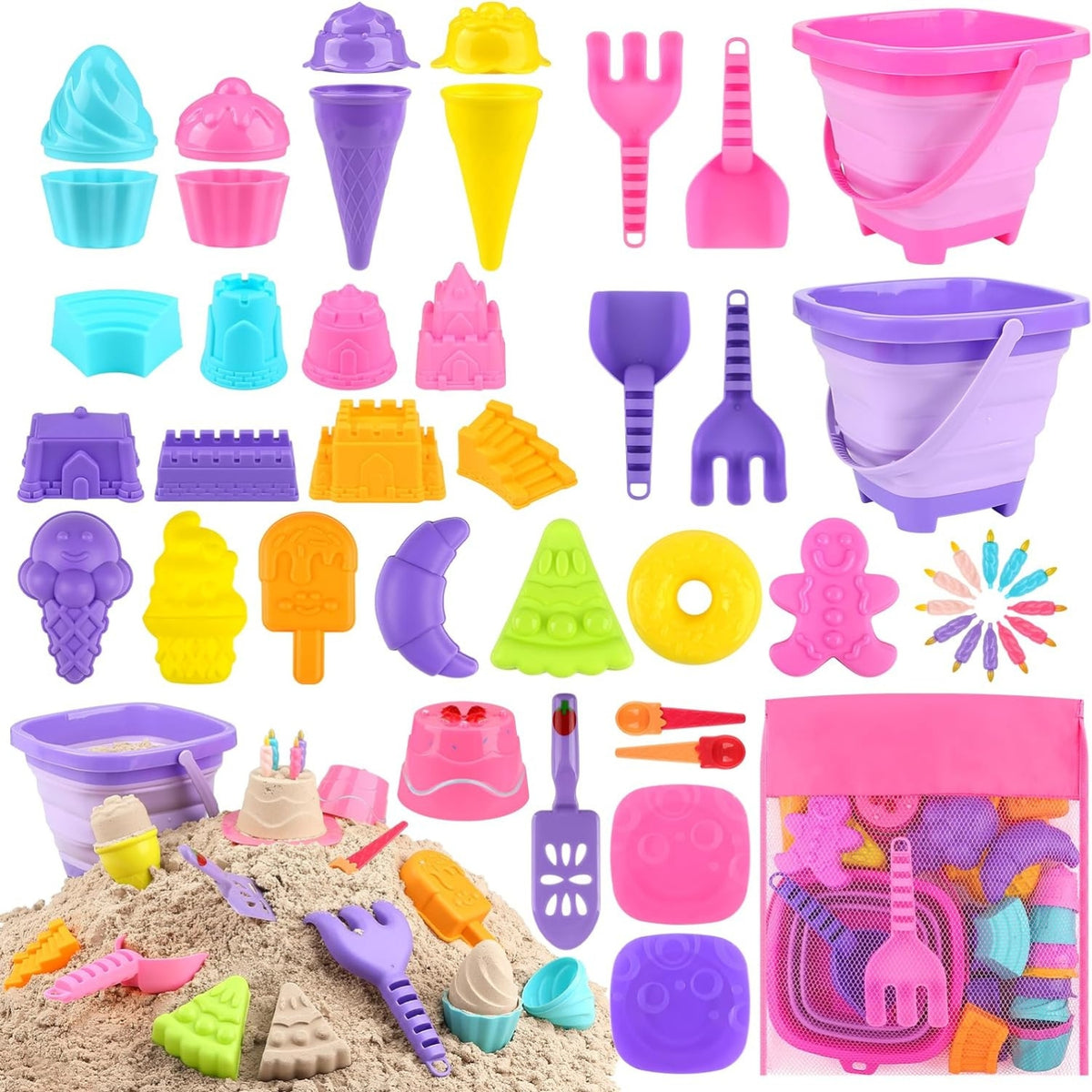 49 Stück Sandspielzeug Strand Kinder Set Eisformen Schaufel Eimer Netzbeutel