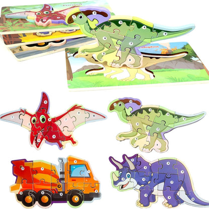 Dinosaurier Autos Holzpuzzle 9-10 Stück für Kinder 2 3 4 Jahre Montessori