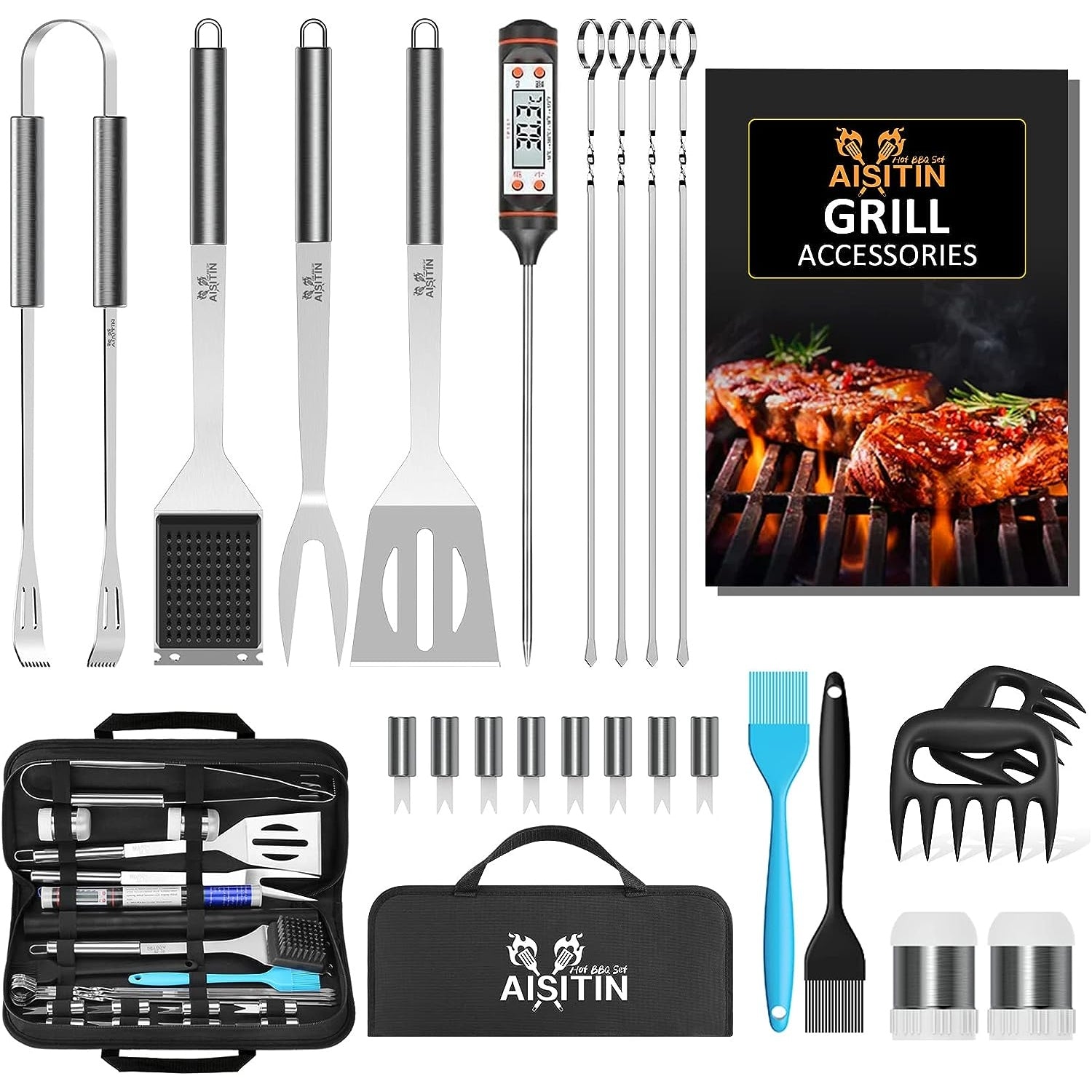 Grillzubehör 25tlg Geschenke für Männer + Fleischthermometer
