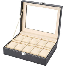 Uhrenkasten 10 Uhren Speicher Glasdeckel Schwarz PU-Leder Samtfütterung 25x20x8