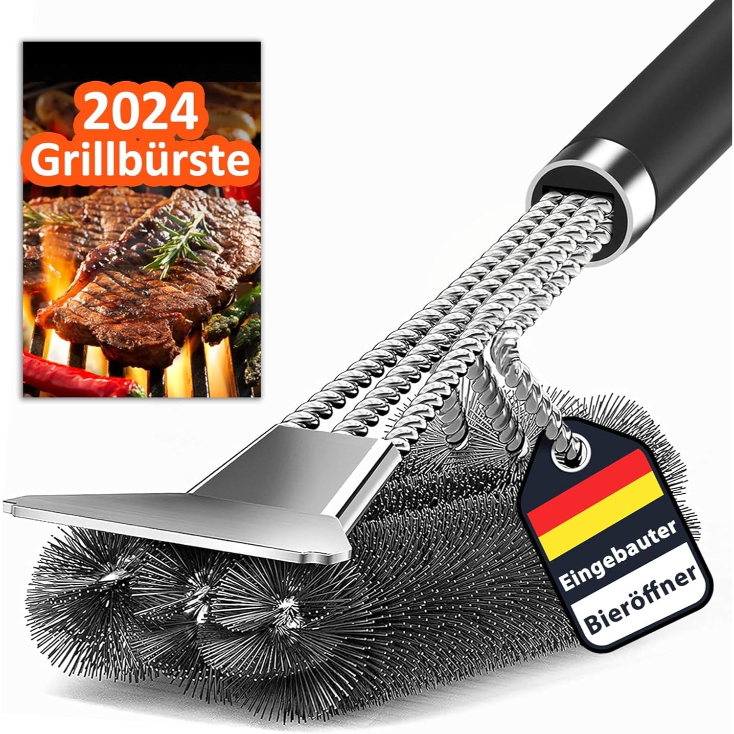 Hochwertige 3 in 1Grillbürste mit Bieröffner und Spatel