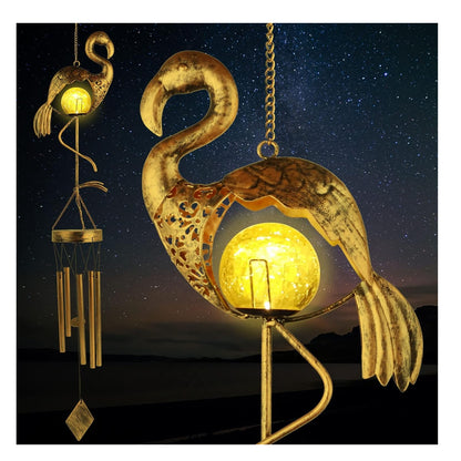 Solar Windspiel Flamingo LED Licht Messingrohre Glücksperlen Garten Dekoration